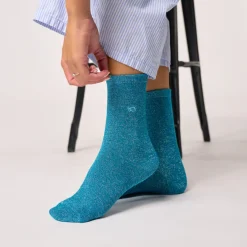 Chaussettes Pailletées Coton Peigné - Bleu Canard