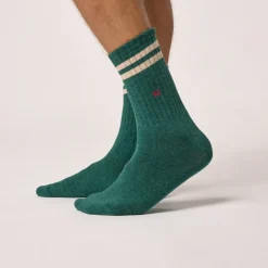 Chaussettes Rétro Coton Peigné - Vert Canard Rayé Beige
