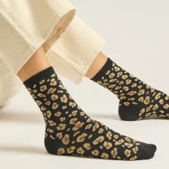 Set de 3 Chaussettes Fantaisie Paillettes Léopard Noir Doré